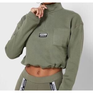 Adidas Cropped Sweatshirt Womens Size M Olive Green Terry Pullover 1/4 Zip